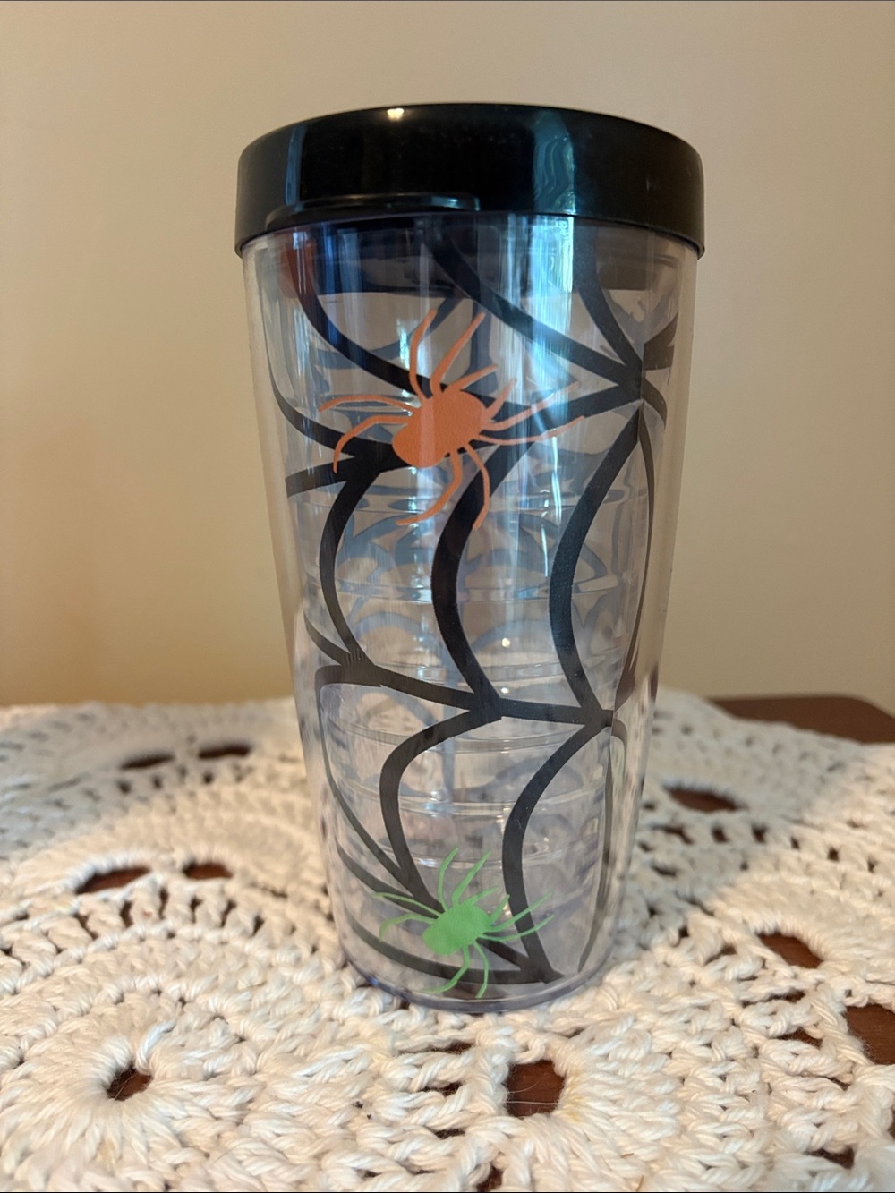 Clear Travel Tumbler with Black Lid and Spider Web Design 16 oz NEW